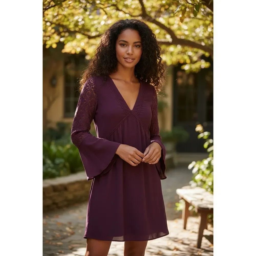 Altar’d State Lace Bell Sleeve V-Neck Burgundy Dress Women’s Small Boho Chic